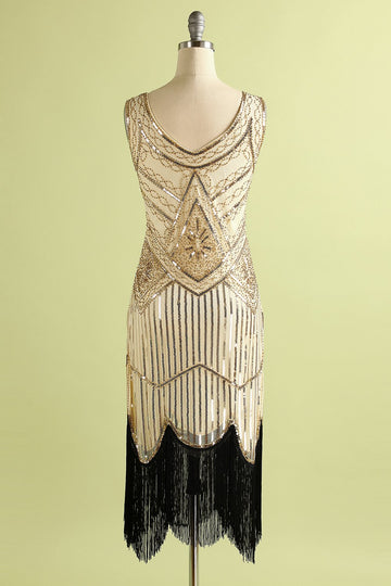 Champagne Fringe Sequins 1920s Dress